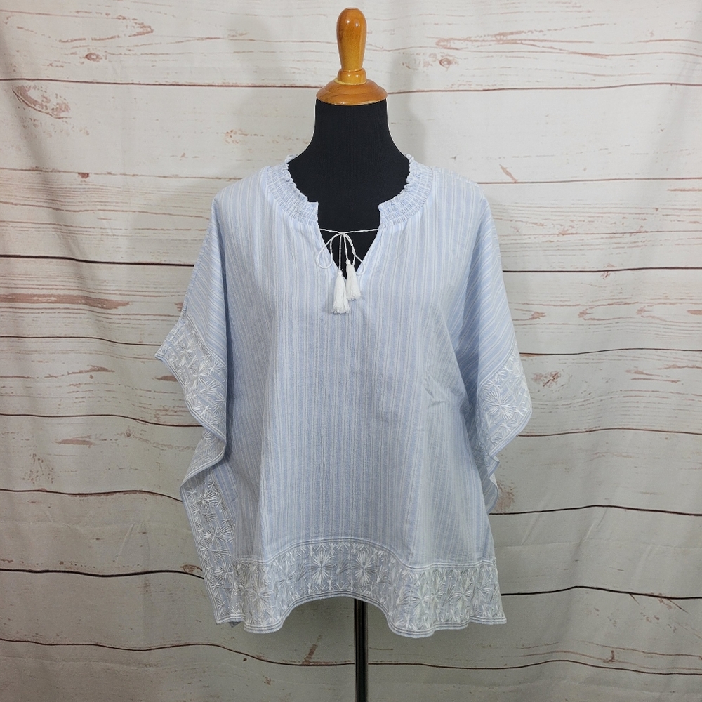 NYDJ Women's Cotton Square Embroidered Tunic Top Blouse Light Blue Size L NWT